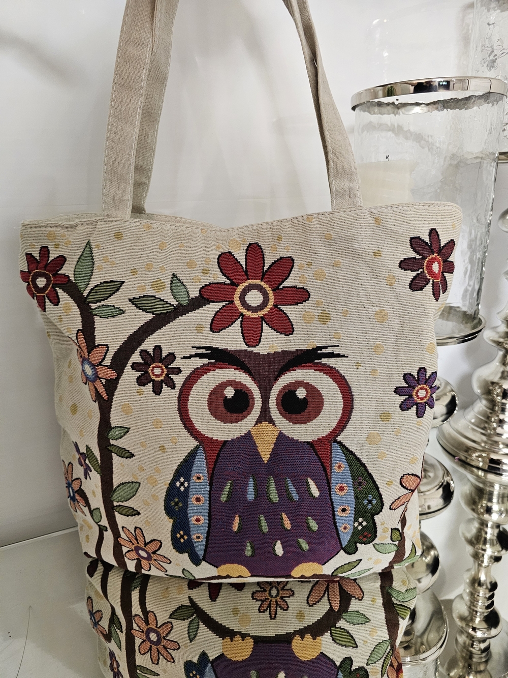 Canvas Owl Tote Bag in Beige with Multicolor Accents